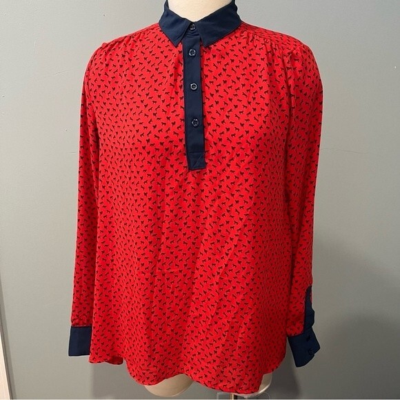 Free People Red & Blue Tiny Horse Print Oversize Top Blouse Size Small - Picture 3 of 11